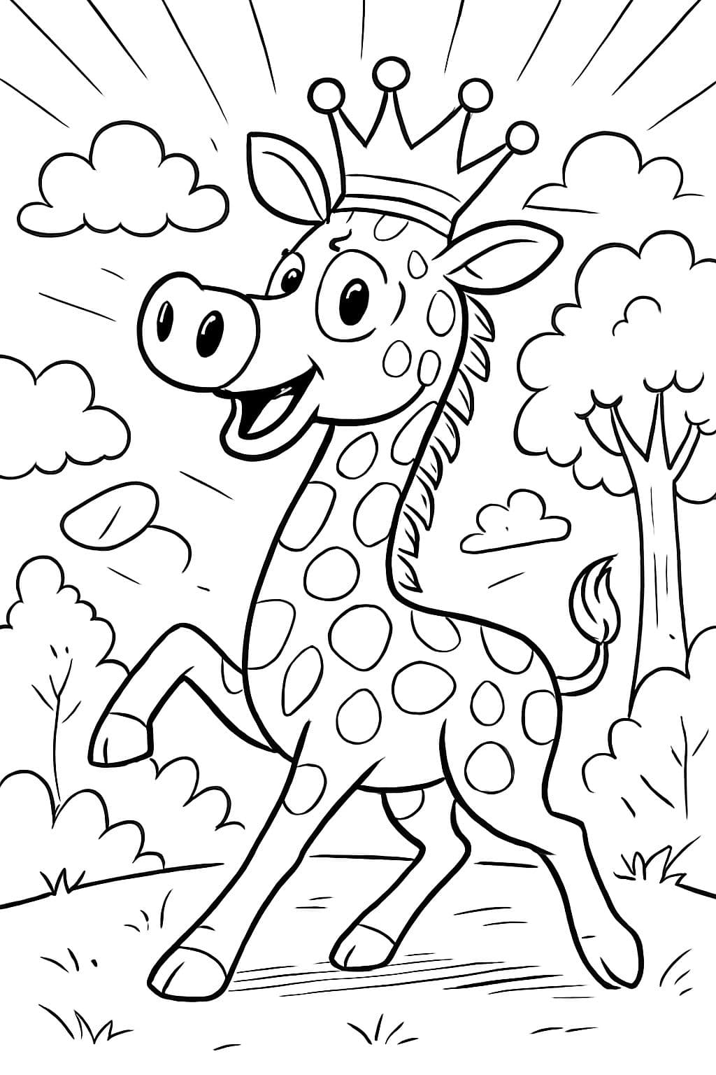 eine beigefarbene Giraffe mit einem langen Hals und einem Schweinchen-Nasen sowie einer Krone