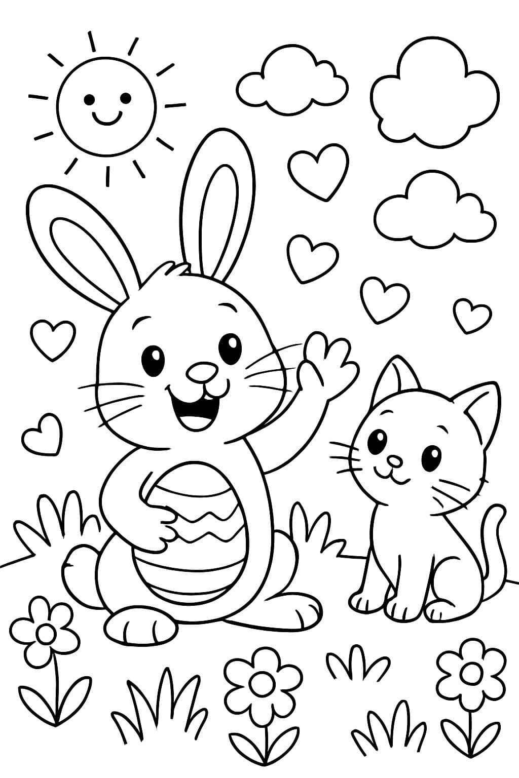 Lapin de Pâques avec de l'herbe, des fleurs, des cœurs, le soleil, des nuages et des chatons