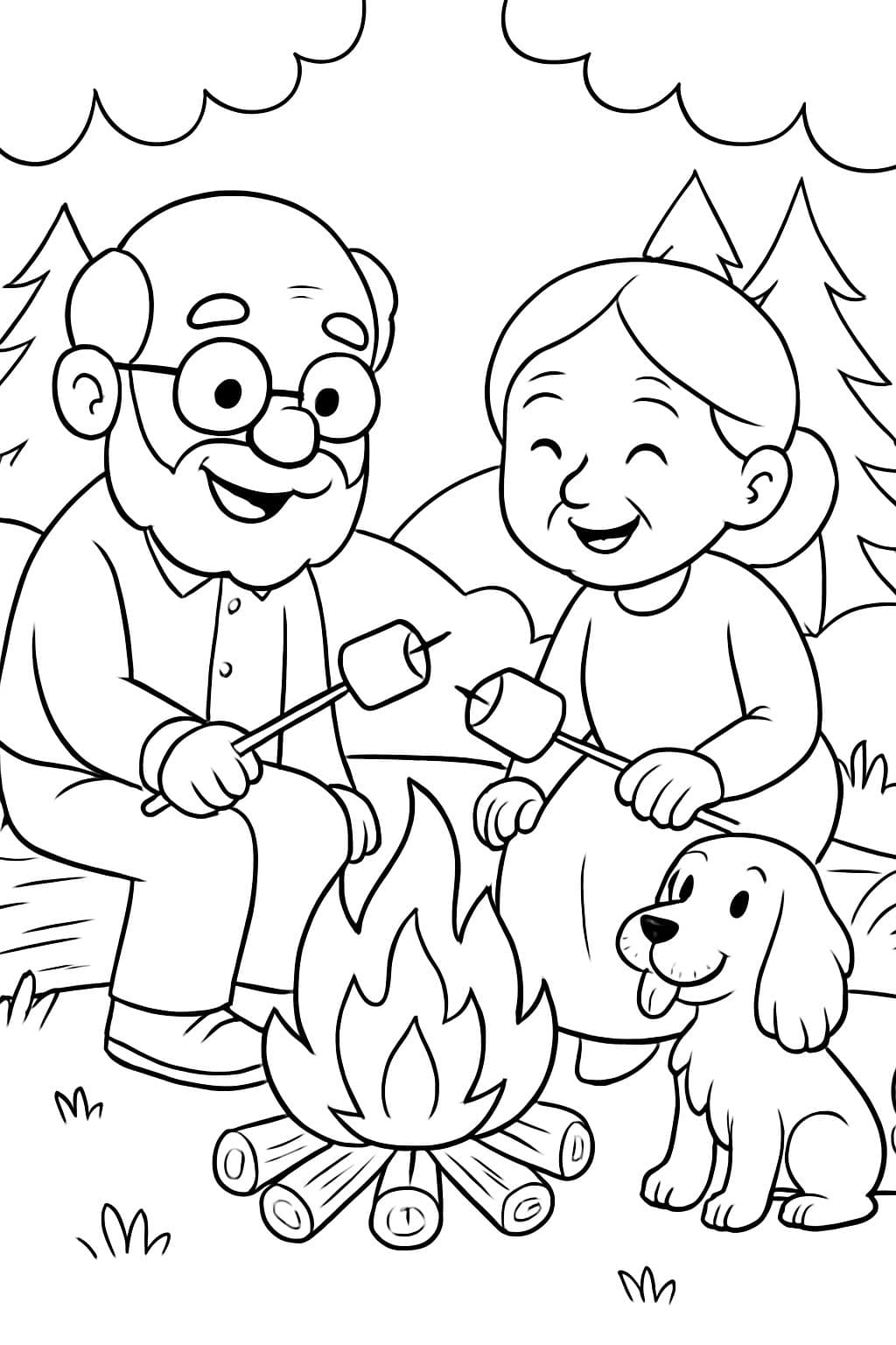 grandpa with a beard, mustache, and glasses, and balding head. grandma with hair pulled back in a low bun. roasting marshmallows by a campfire in the woods with their cocker spaniel dog.