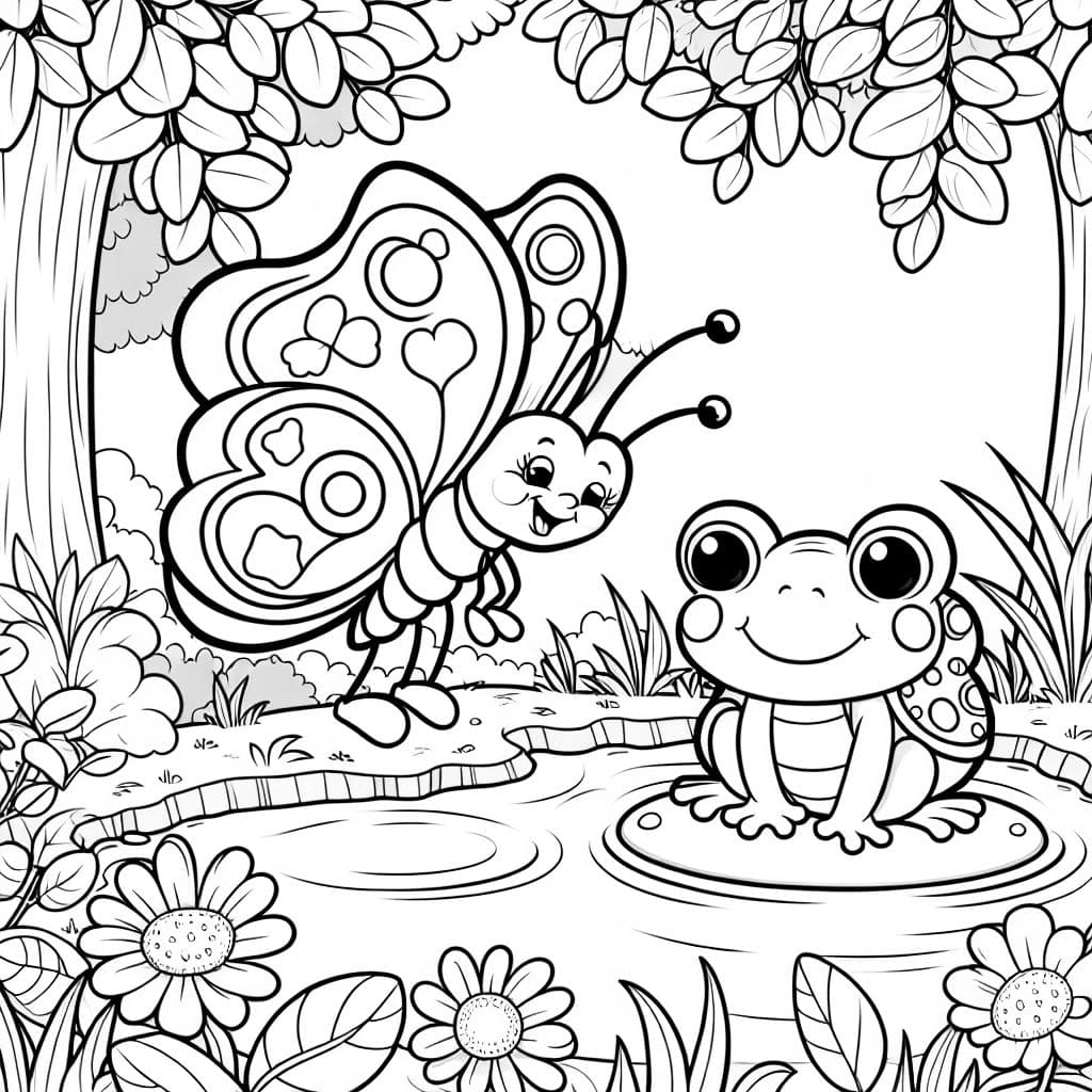 papillon près d'un étang avec des feuilles, des fleurs et une grenouille