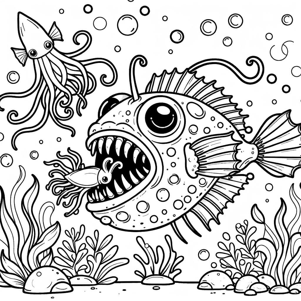 Un poisson lanterne des profondeurs marines avec des calmars dans sa bouche