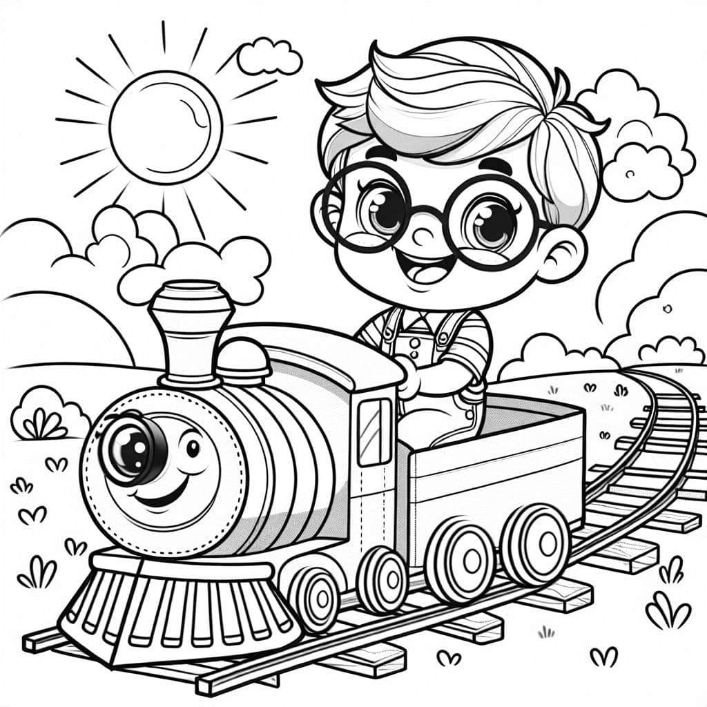 A little boy wearing glasses and riding a train engine
