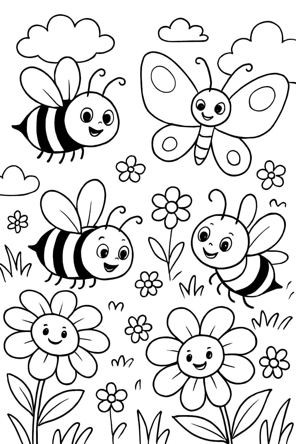 eine Blumenwiese mit Bienen und Hummeln und Schmetterling