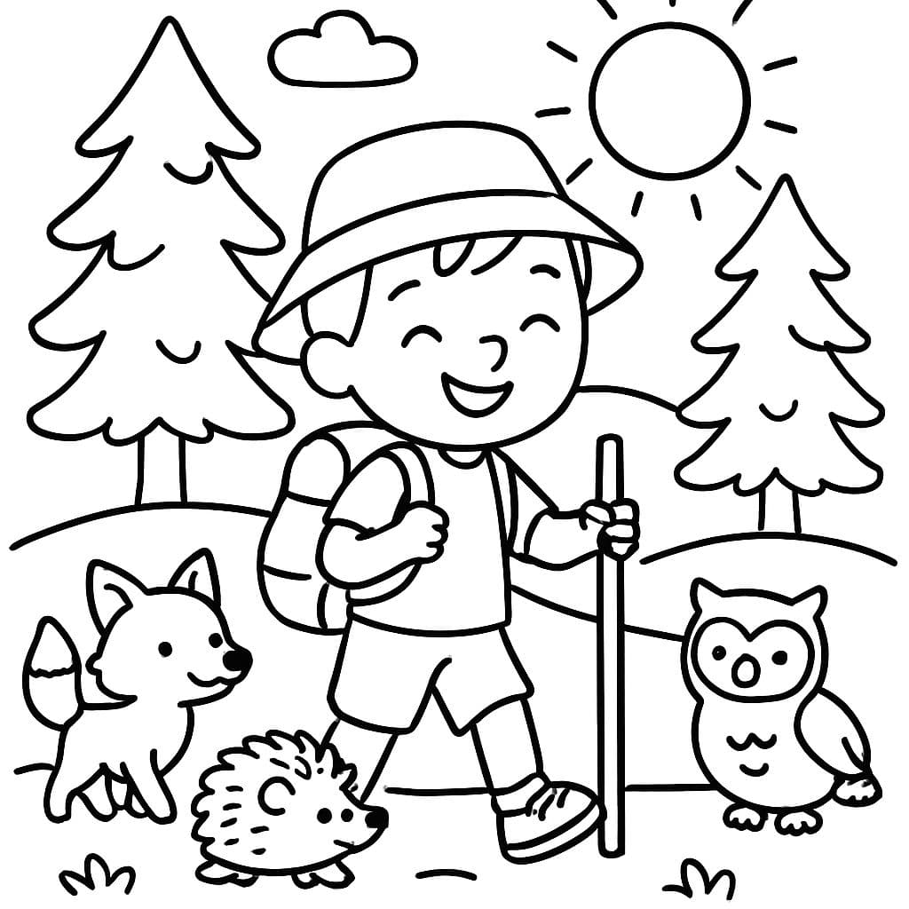 Ein glücklicher Camper wandert mit seinen Waldfreunden.