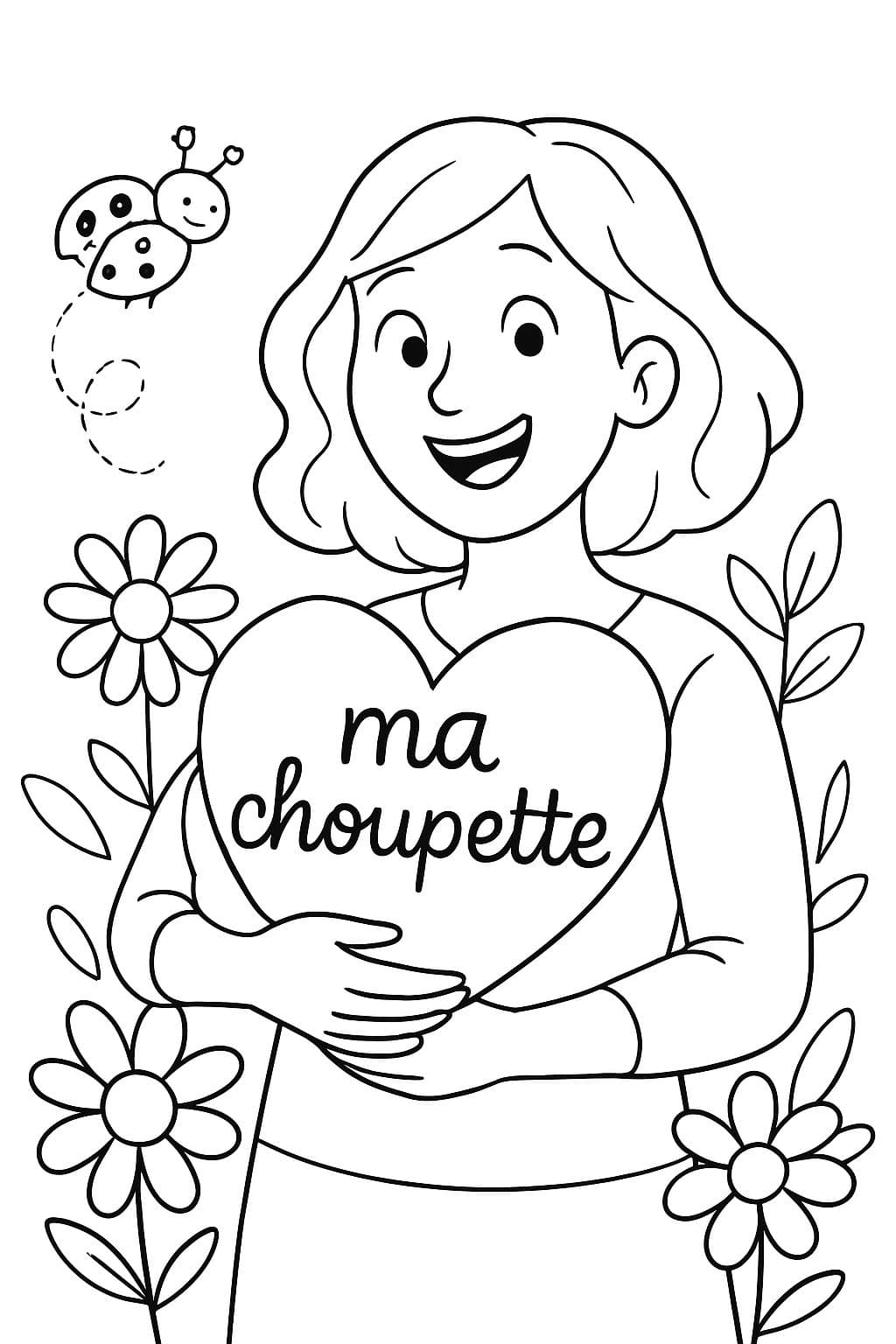 Woman 40 years old with a heart that says 'ma choupette' and ladybug flowers.
