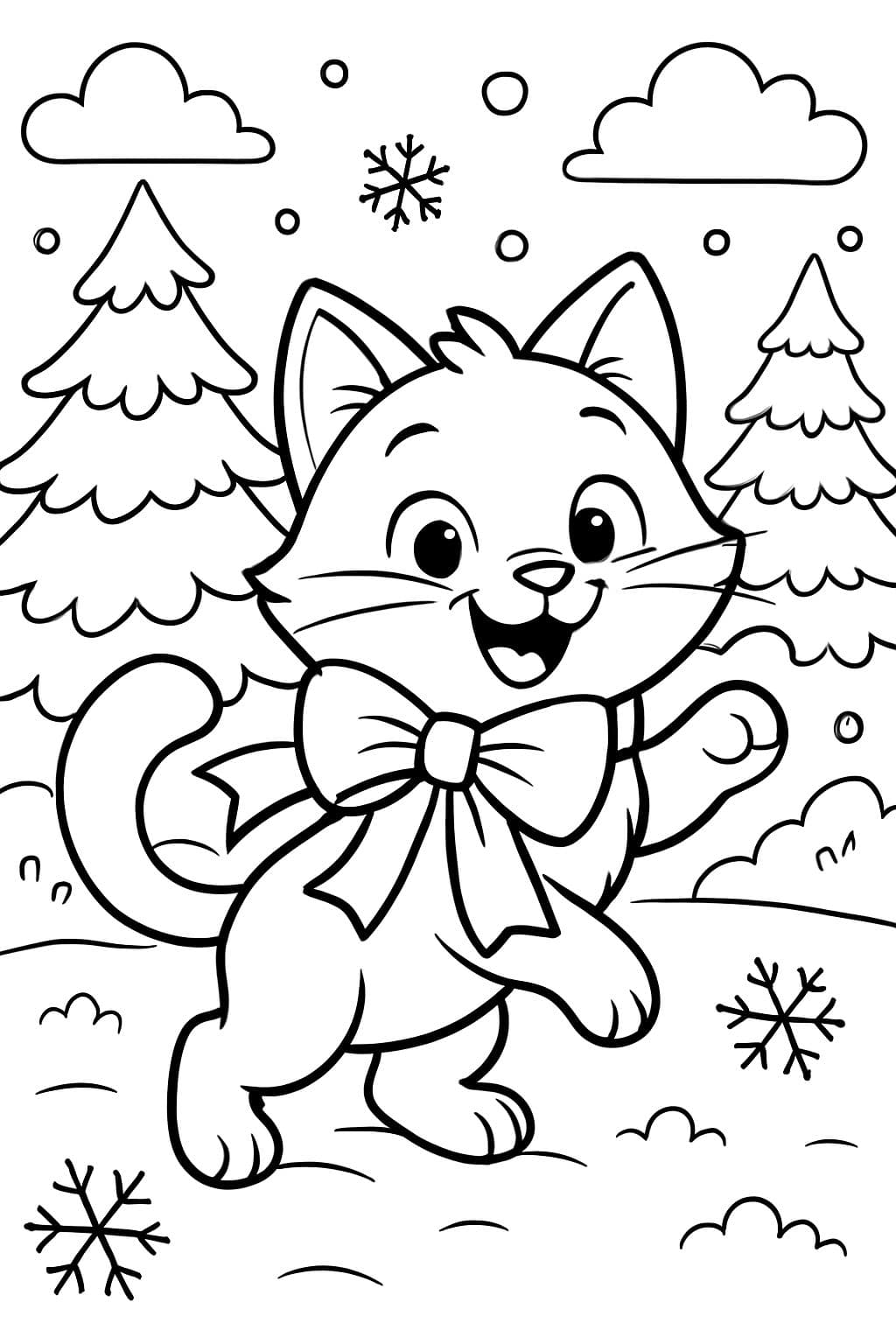 Katze mit einer Weihnachts Schleife in einem Wald mit Schnee