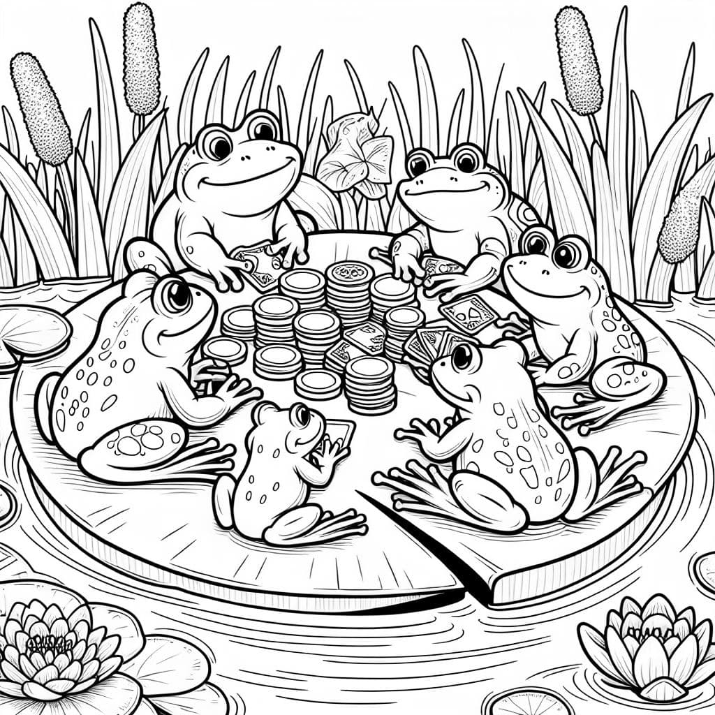 Ranas jugando al póker alrededor de una hoja de lirio.