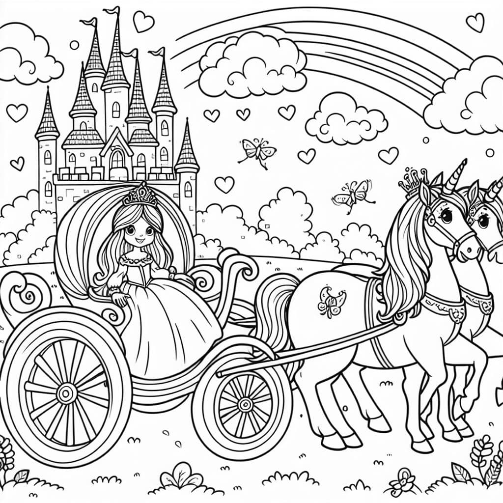 eine Kutsche mit zwei Pferden. Auf der Kutsche sitzt ein Prinzessin mit langen Haaren. Die Kutsche steht vor einem Märchenschloss.