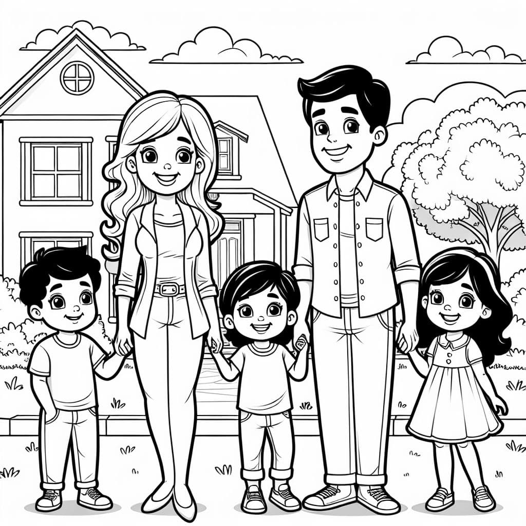 Famille de quatre personnes (un garçon, une fille) devant une maison