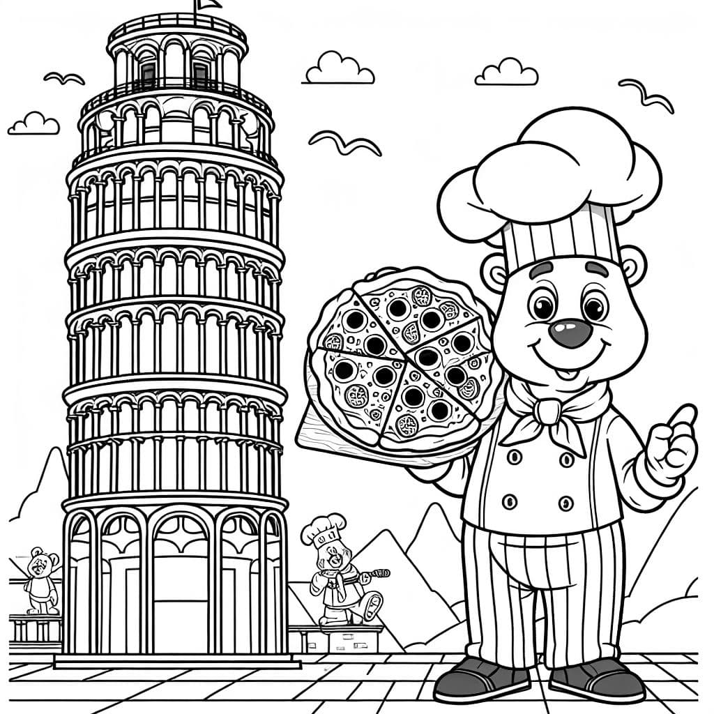 Torre inclinada de Pisa con un chef sosteniendo una pizza