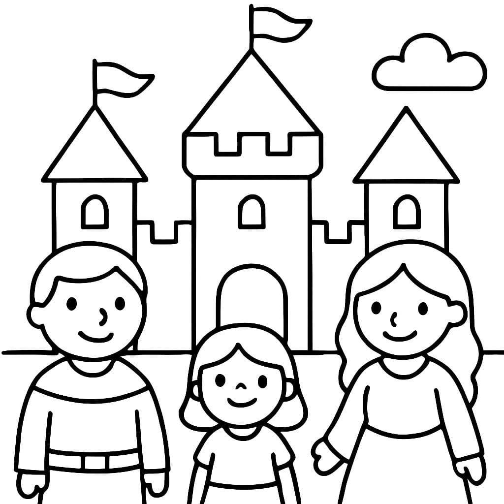 Castillo con una niña pequeña y dos adultos, un hombre y una mujer.