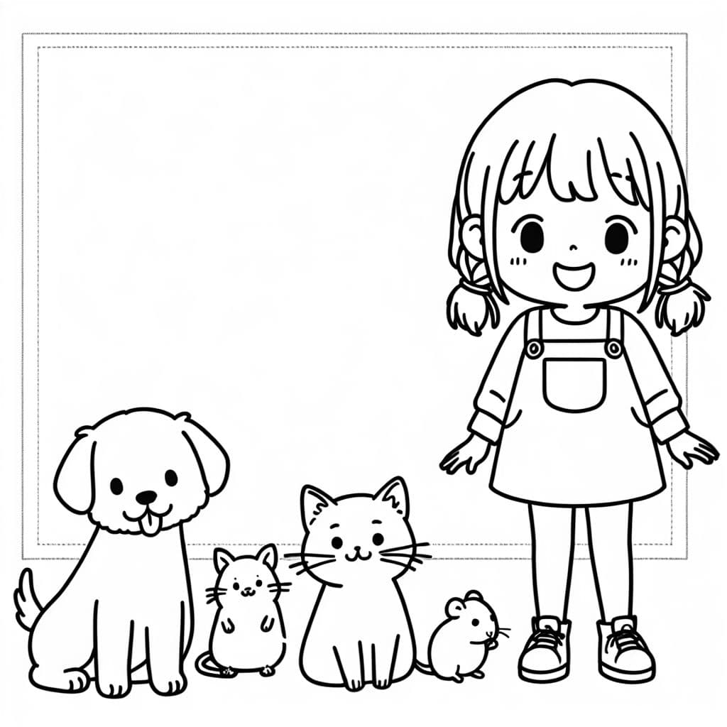 Mädchen mit einem Hund, einer Katze und einem Hamster