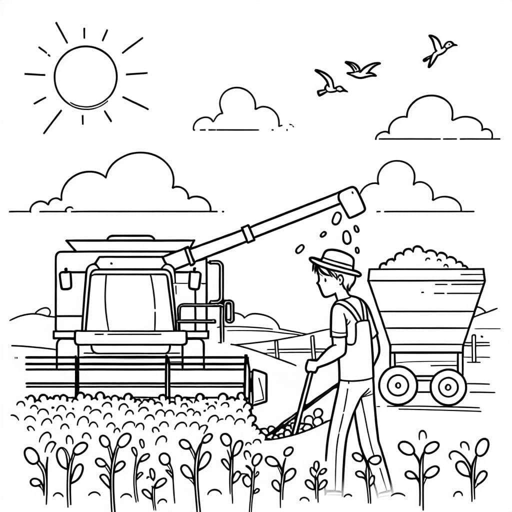 Granjero cosechando colza con una cosechadora y un carro de grano. Aves volando por encima en un día soleado.