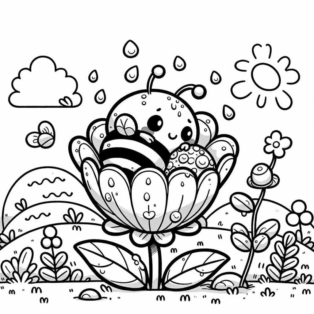 Ein Baby-Bienenbummler, das in einer feuchten Blume kuschelt.