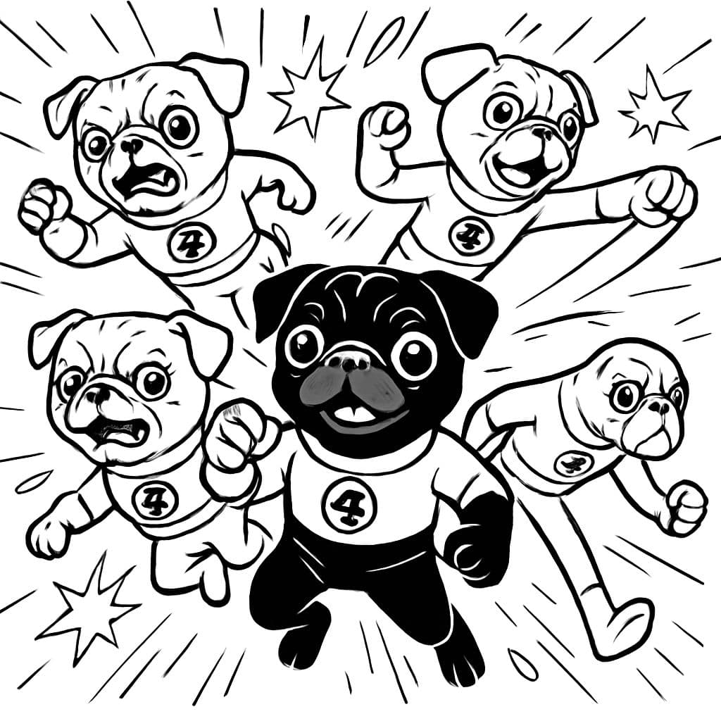 Un pug negro con 3 pugs de color canela, vestidos como superhéroes como los Cuatro Fantásticos.