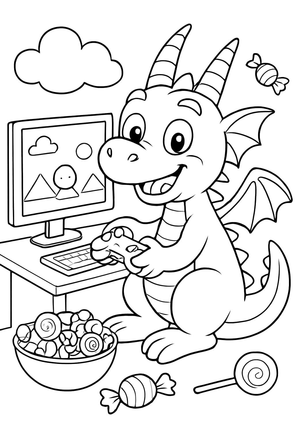 un dragón que juega videojuegos y come dulces