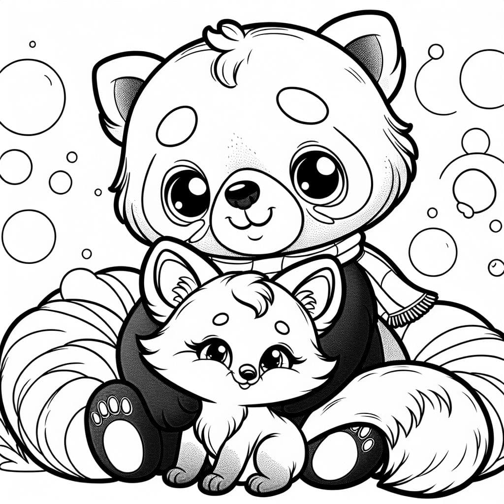 The red panda is holding a small fox in its arms. A cute and colorful coloring page for kids.