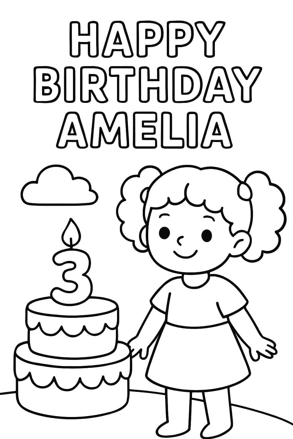 happy birthday amelia with a birthday cake with a number 3 candle and a girl with curly hair in pigtails