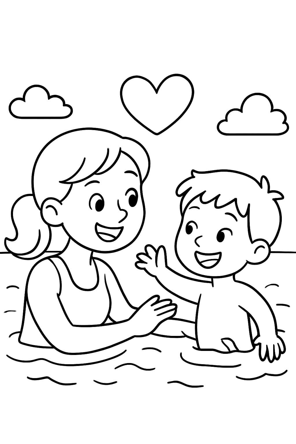 Eine blonde Mutter und ihr Sohn schwimmen zusammen mit einem Herzen.