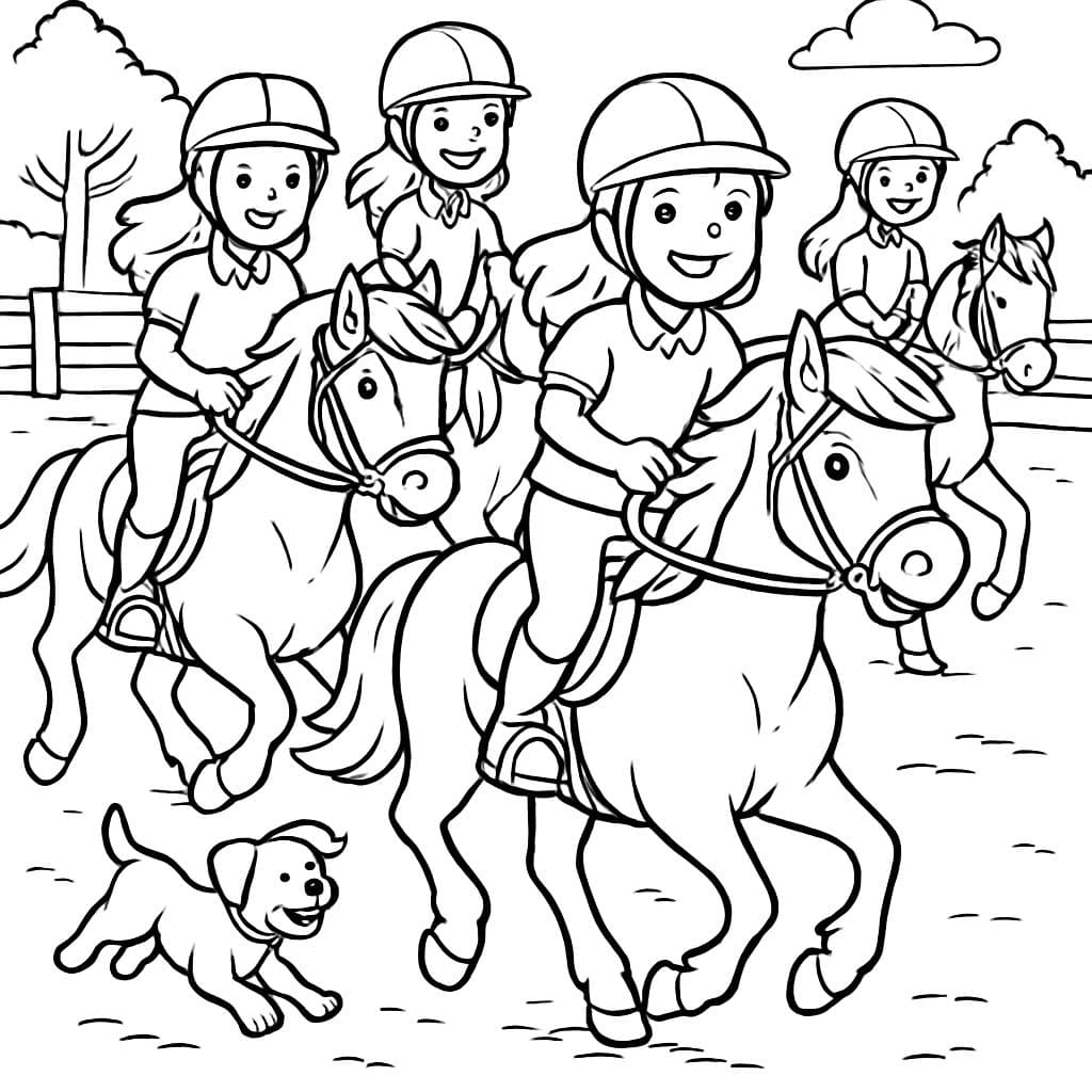 Quatro meninas, usando capacetes de equitação, em quatro cavalos em uma pista de equitação e dois filhotes