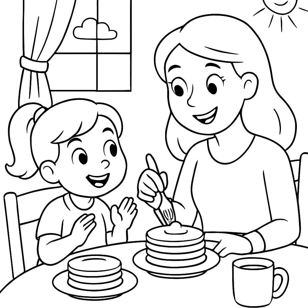 Kleine Mädchen und Mama essen Pfannkuchen zum Frühstück
