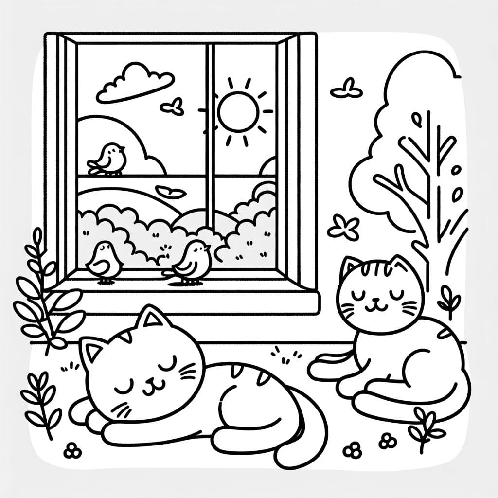 Des chats allongés au soleil près d'une fenêtre avec des oiseaux et des arbres à l'extérieur.