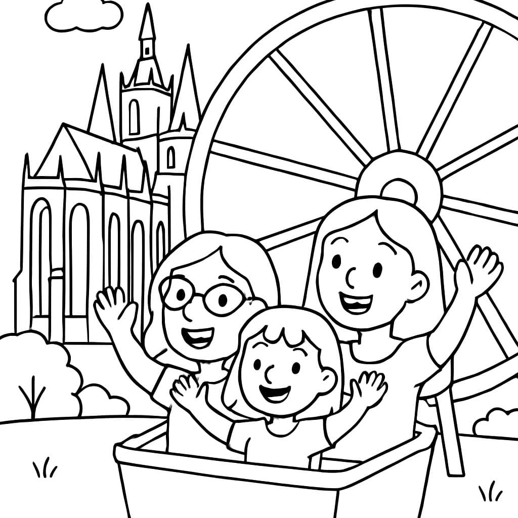 deux femmes et une fille dans une grande roue devant la cathédrale d'Erfurt