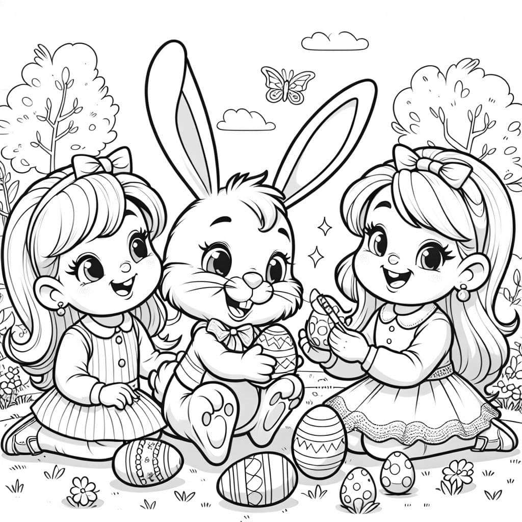 Conejo de Pascua niña rubia de cuatro años y niña rubia de nueve años con pelo largo