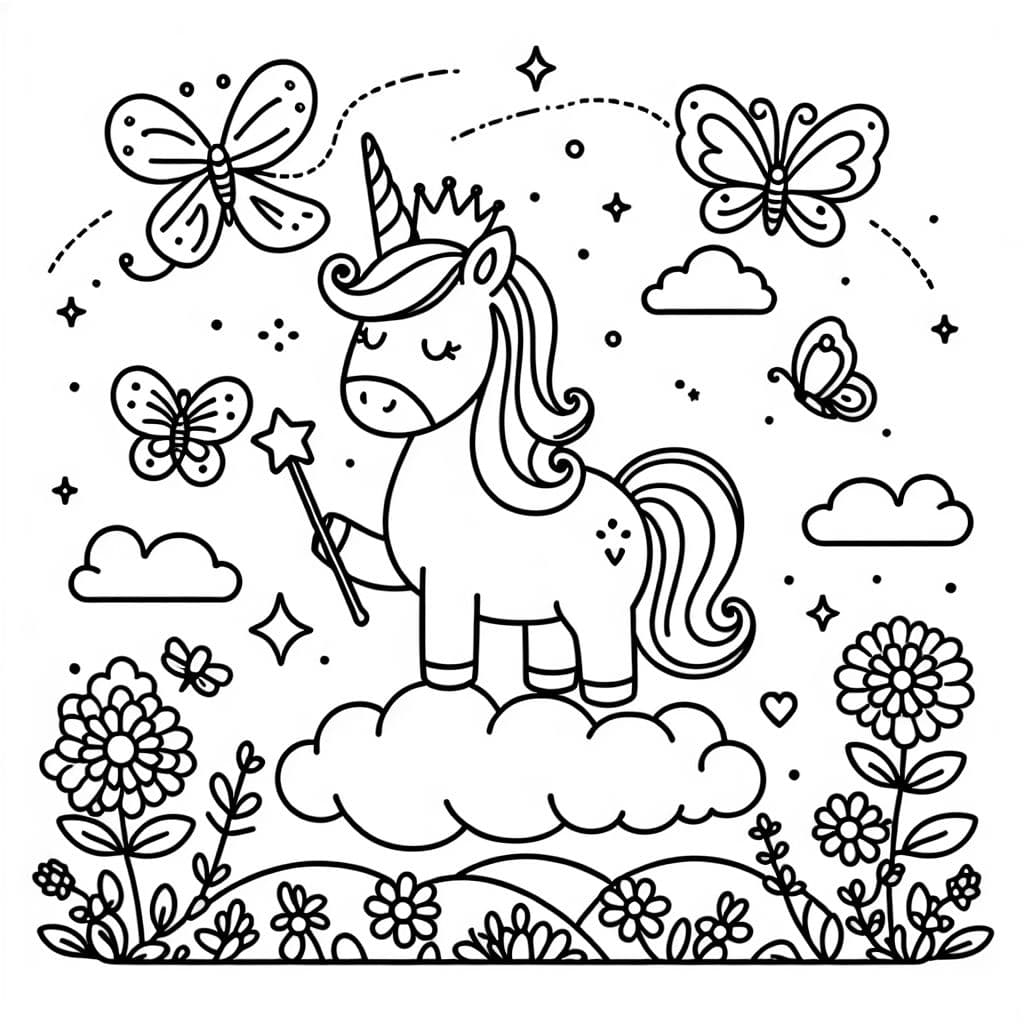 Einhorn mit Krone und Zauberstab auf Wolken, mit Blumen und Schmetterlingen und Vögeln