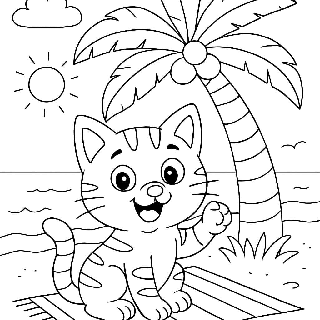 un gato atigrado en la playa debajo de una palmera sobre una alfombra