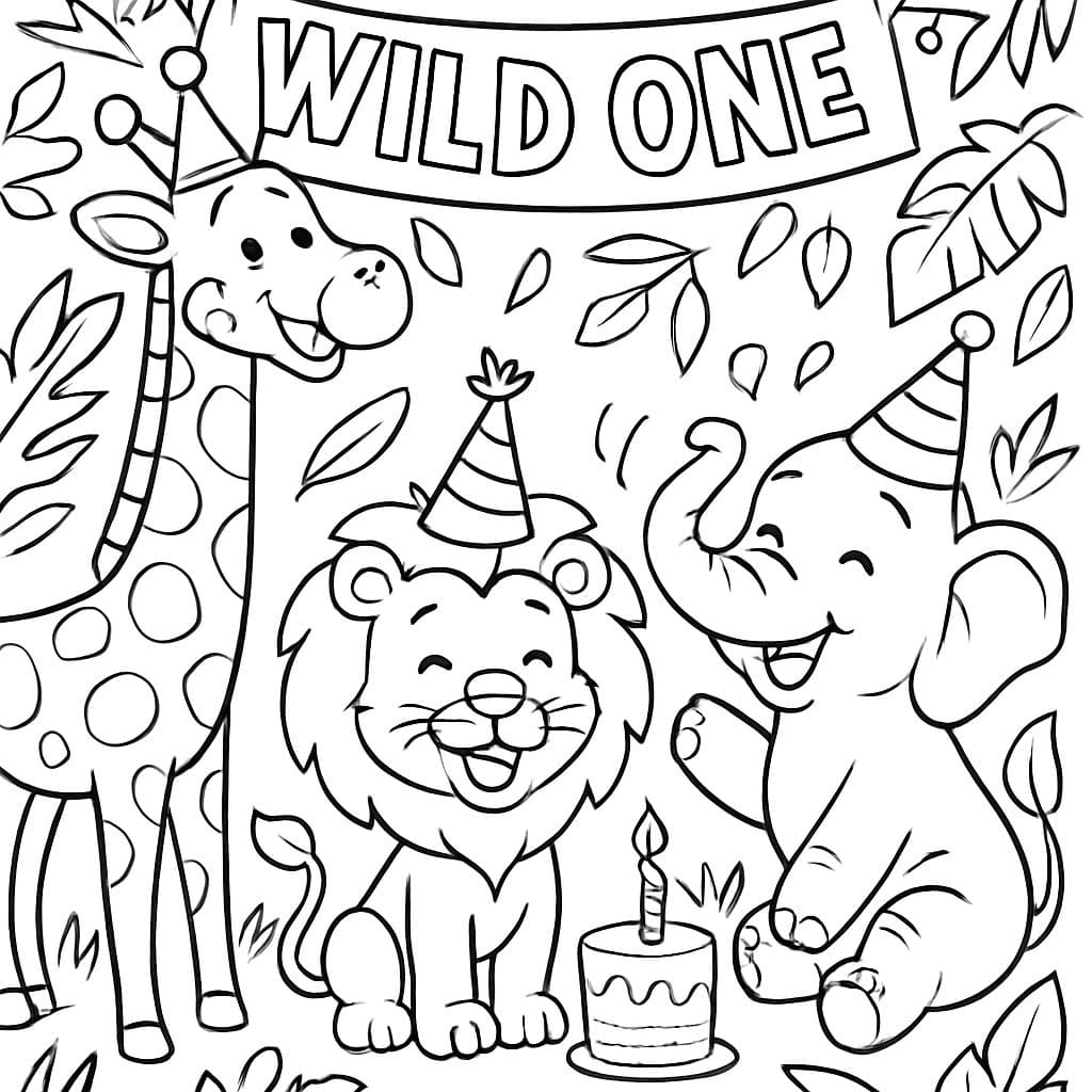 Uma festa de aniversário temática de um animal selvagem com uma girafa, leão e elefante.