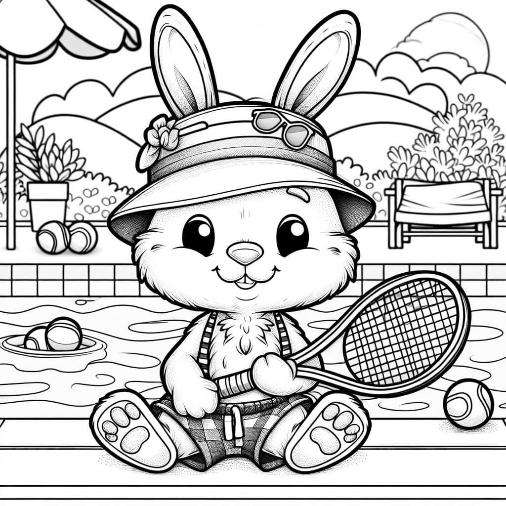 Un lapin portant un chapeau de plage et tenant un racket de tennis dans sa patte. Il se trouve près d'une piscine.
