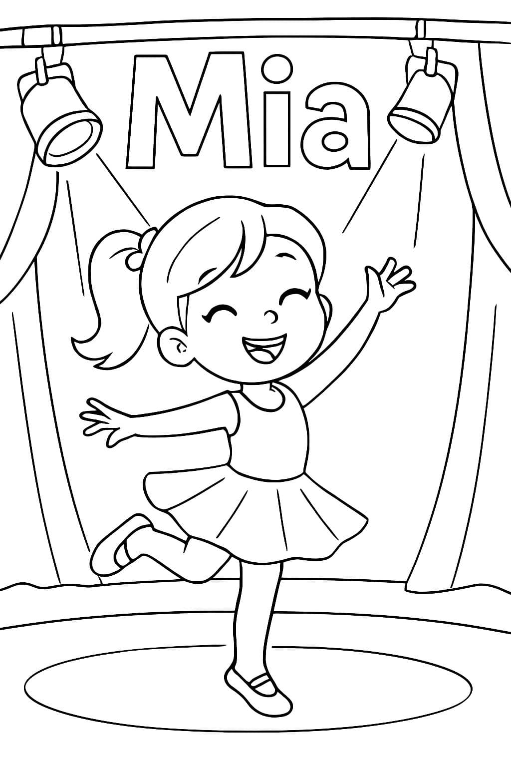 Ein Tänzer-Mädchen auf der Bühne mit dem Namen Mia und Bühnenlichtern.