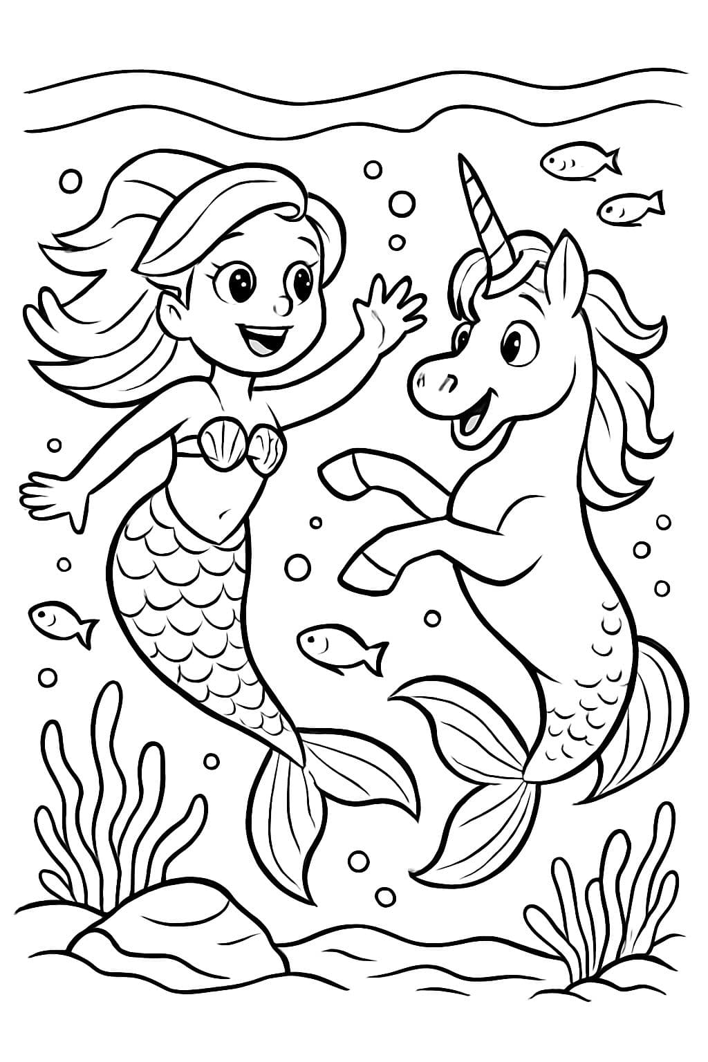 une sirène plonge dans la mer avec une licorne ayant des nageoires