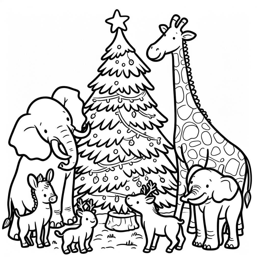 Afrika-Tiere, die um einen Weihnachtsbaum herum stehen.