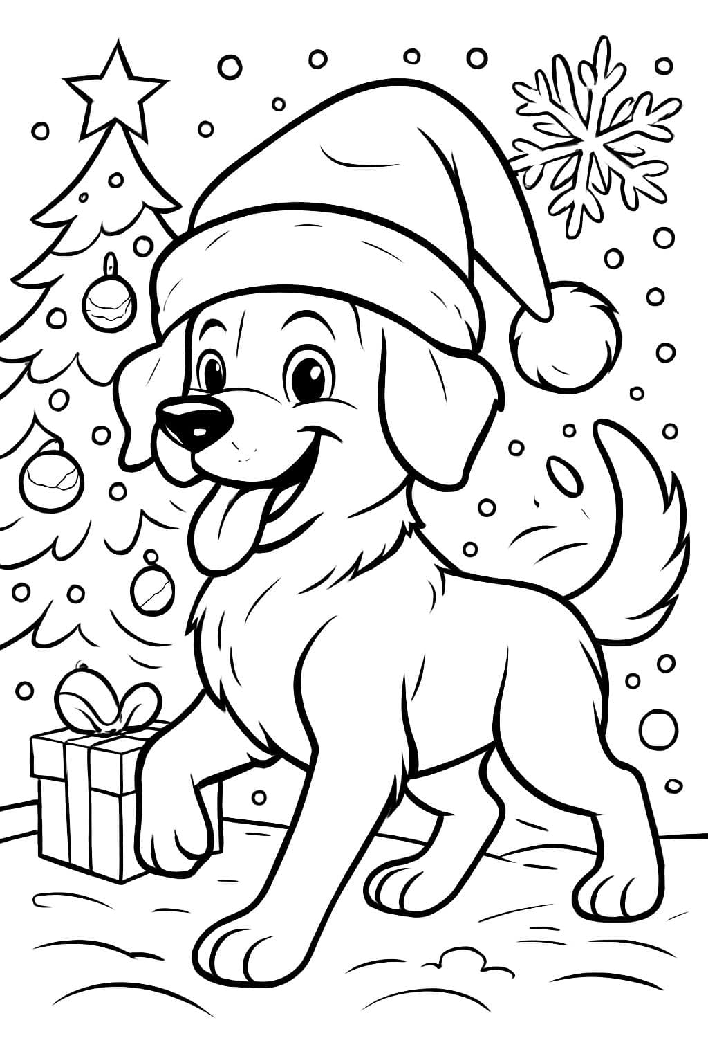 una página para colorear de Navidad con un perro que lleva un gorro navideño.