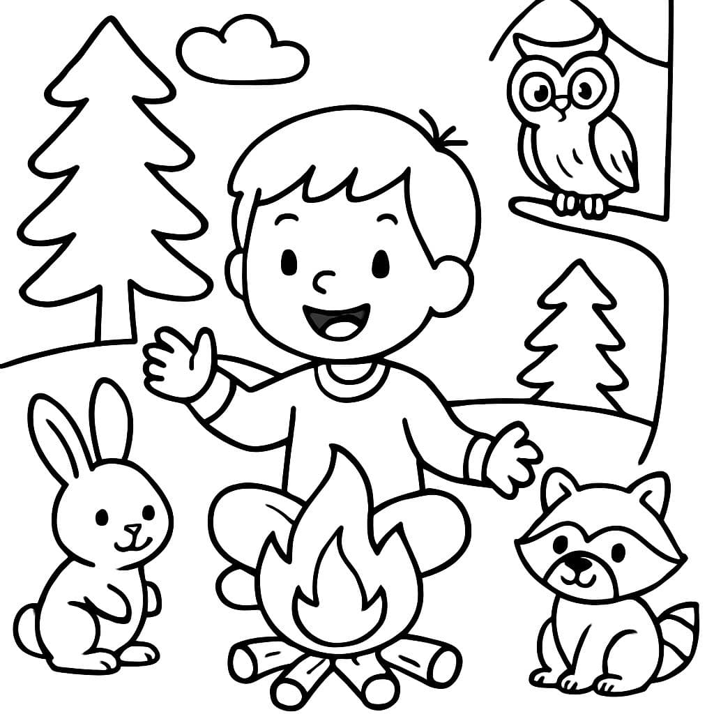 Ein glücklicher Junge mit seinen Waldfreunden am Lagerfeuer