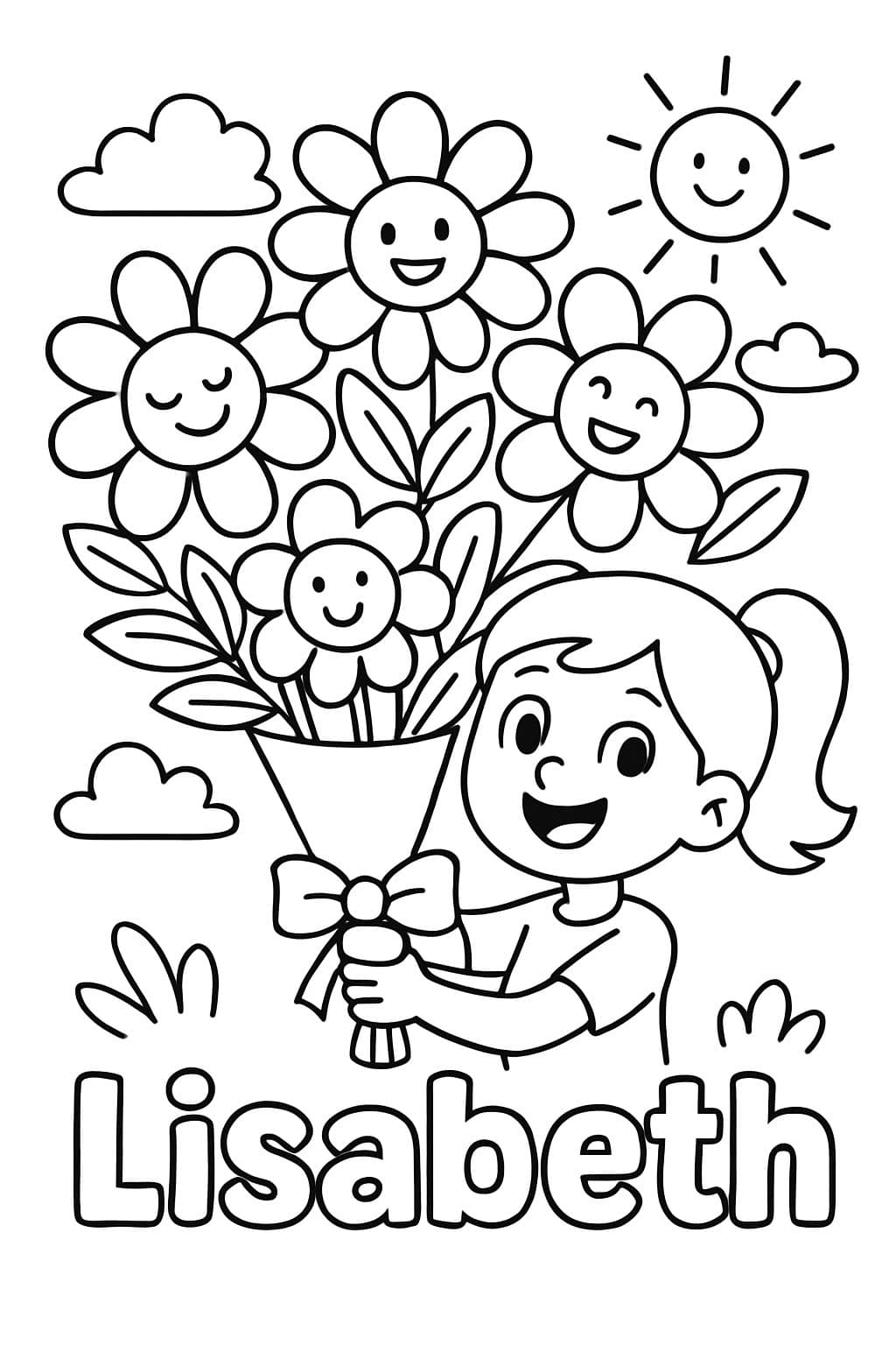 A bouquet of flowers that says 'Lisabeth' at the bottom of the page in bubble letters.