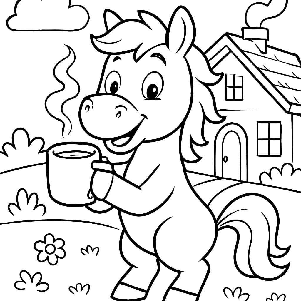 Pferd außerhalb eines Hauses, das heiße Schokolade trinkt