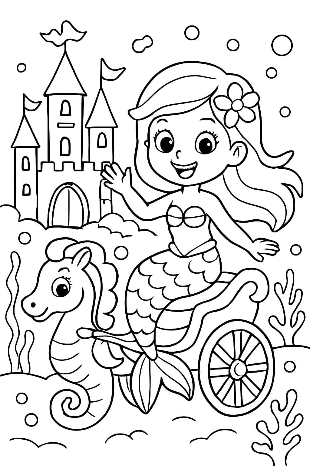 Sirena con castillo submarino y carroza de caballito de mar