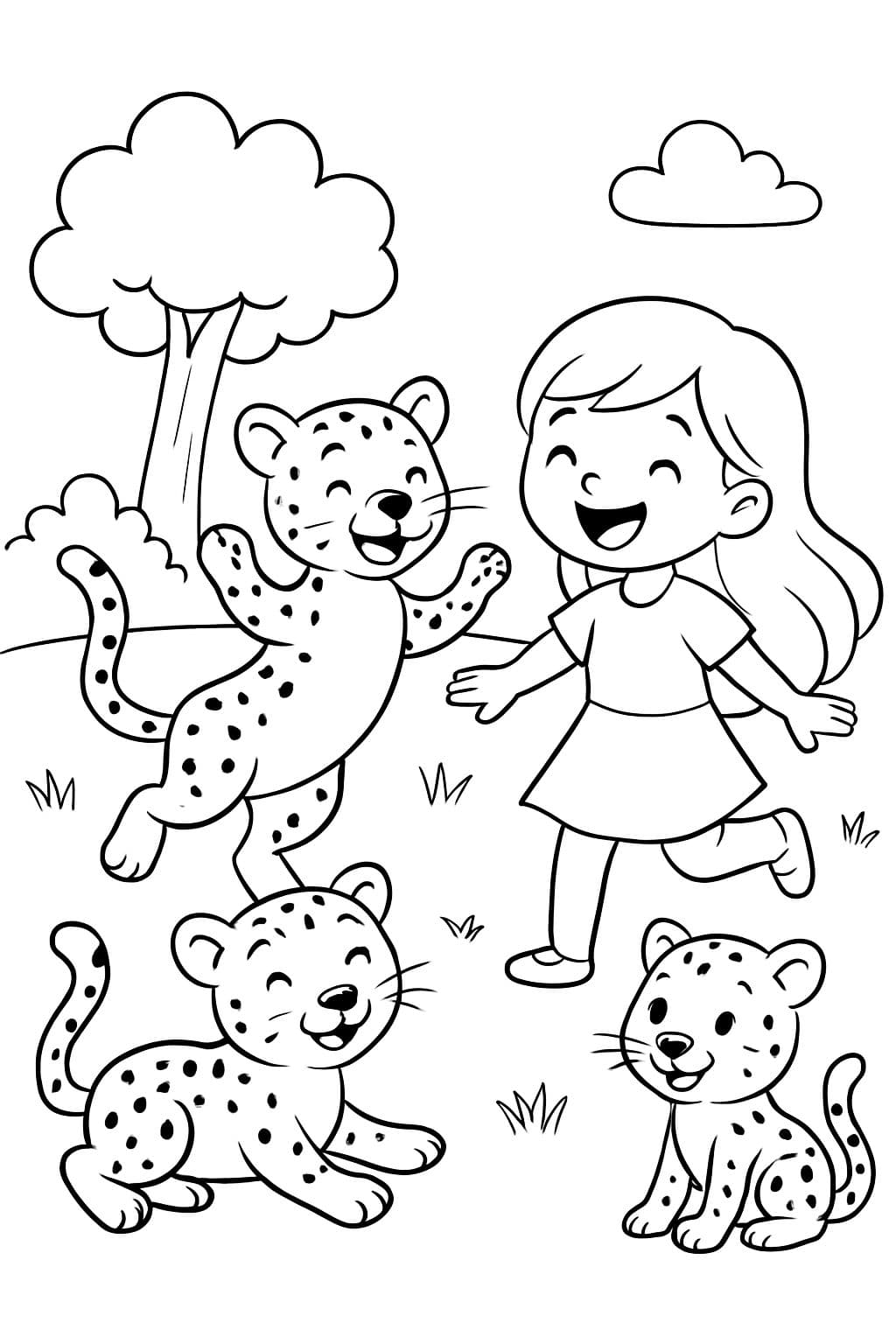 Des guépards jouant avec une petite fille aux longs cheveux.