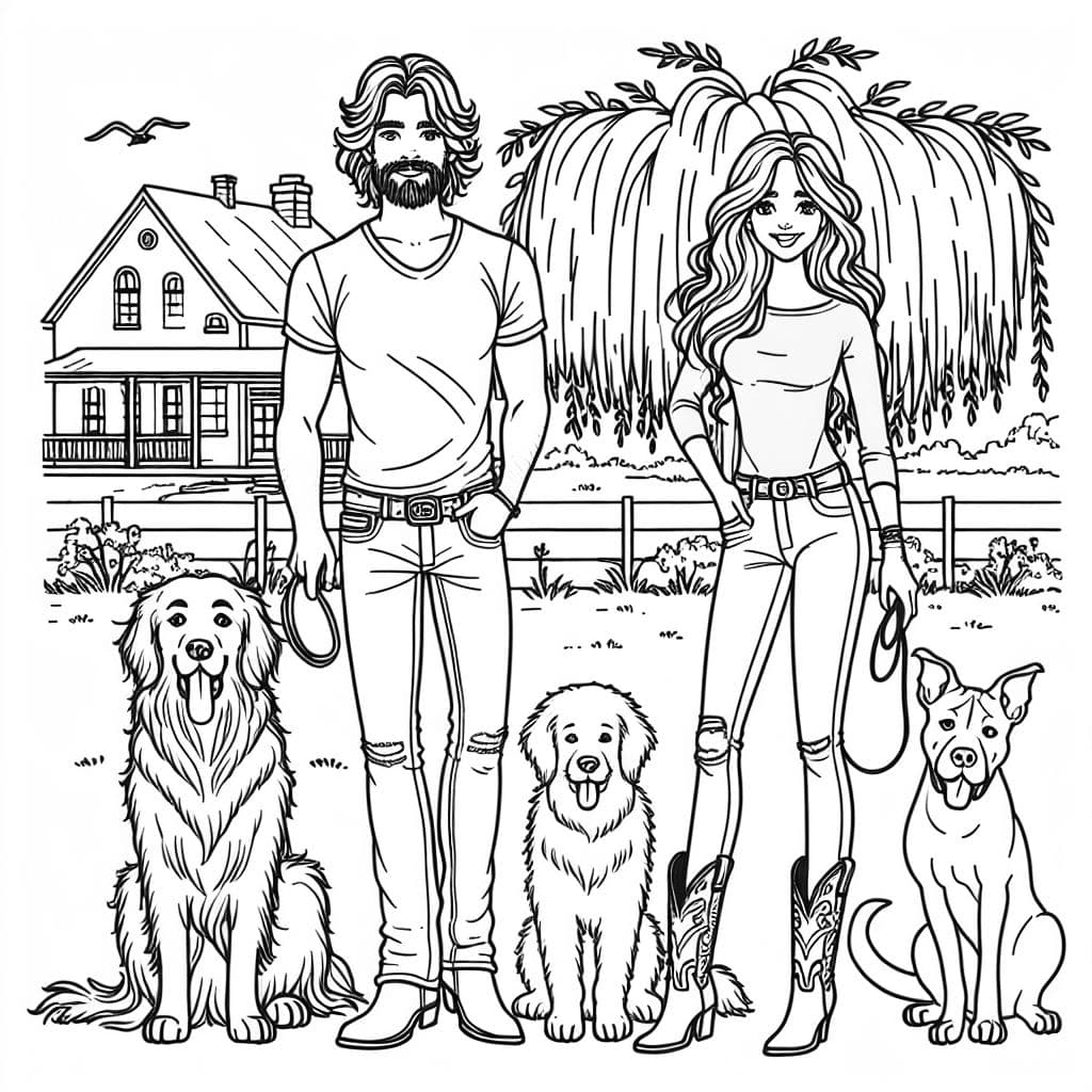 A man with no facial hair, shaggy brown curly hair, wearing a t-shirt, jeans, with cowboy boots under the jeans. A woman with long red brown hair with a light pink sweater with bell bottom jeans and cowboy boots under the jeans. with a big golden retriever dog and a big cane corso dog. Standing outside under a weeping willow tree in front of a house.