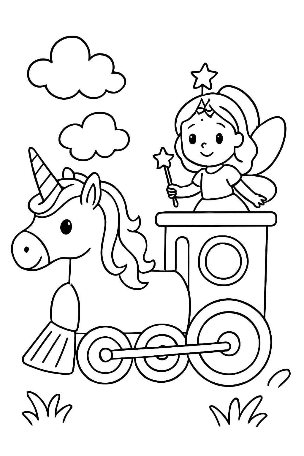 una locomotora de unicornio guiada por un hada