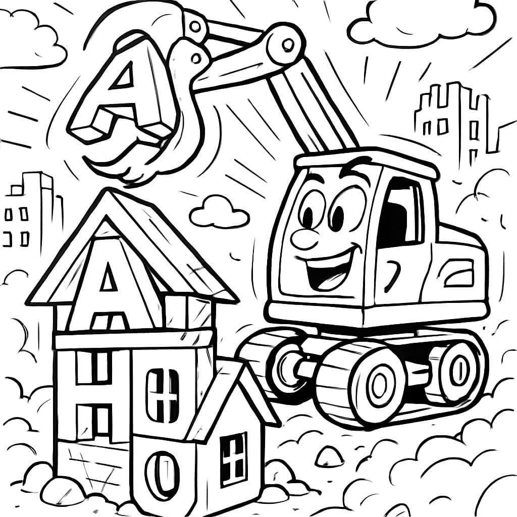 una excavadora construyendo una casa con letras