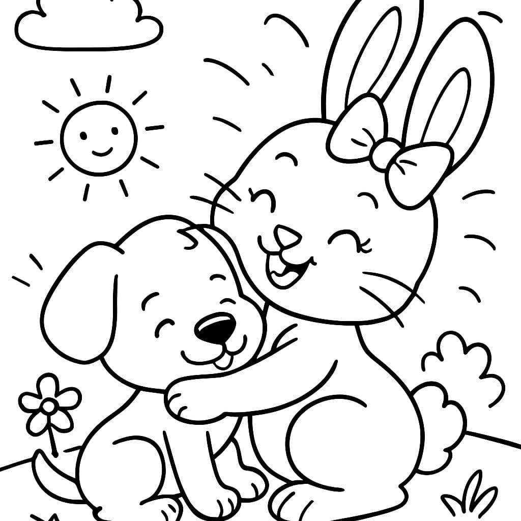 Ein Hase mit einer Schleife auf dem Kopf, der einen Welpen umarmt