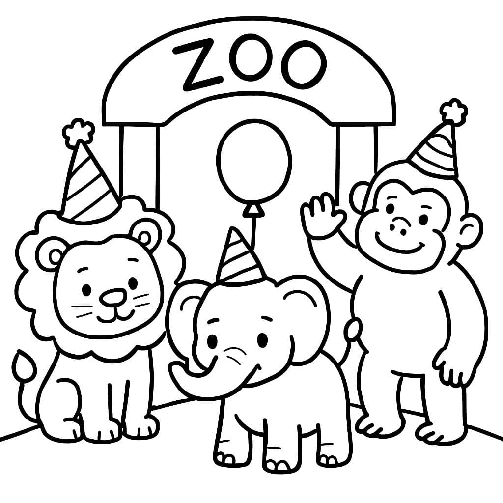 fête avec un lion, un éléphant, un gorille devant l'entrée du zoo