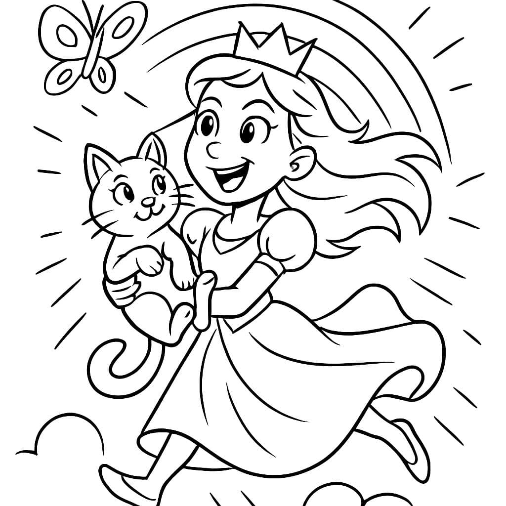 Princesse avec un chat dans les bras et un papillon et un arc-en-ciel