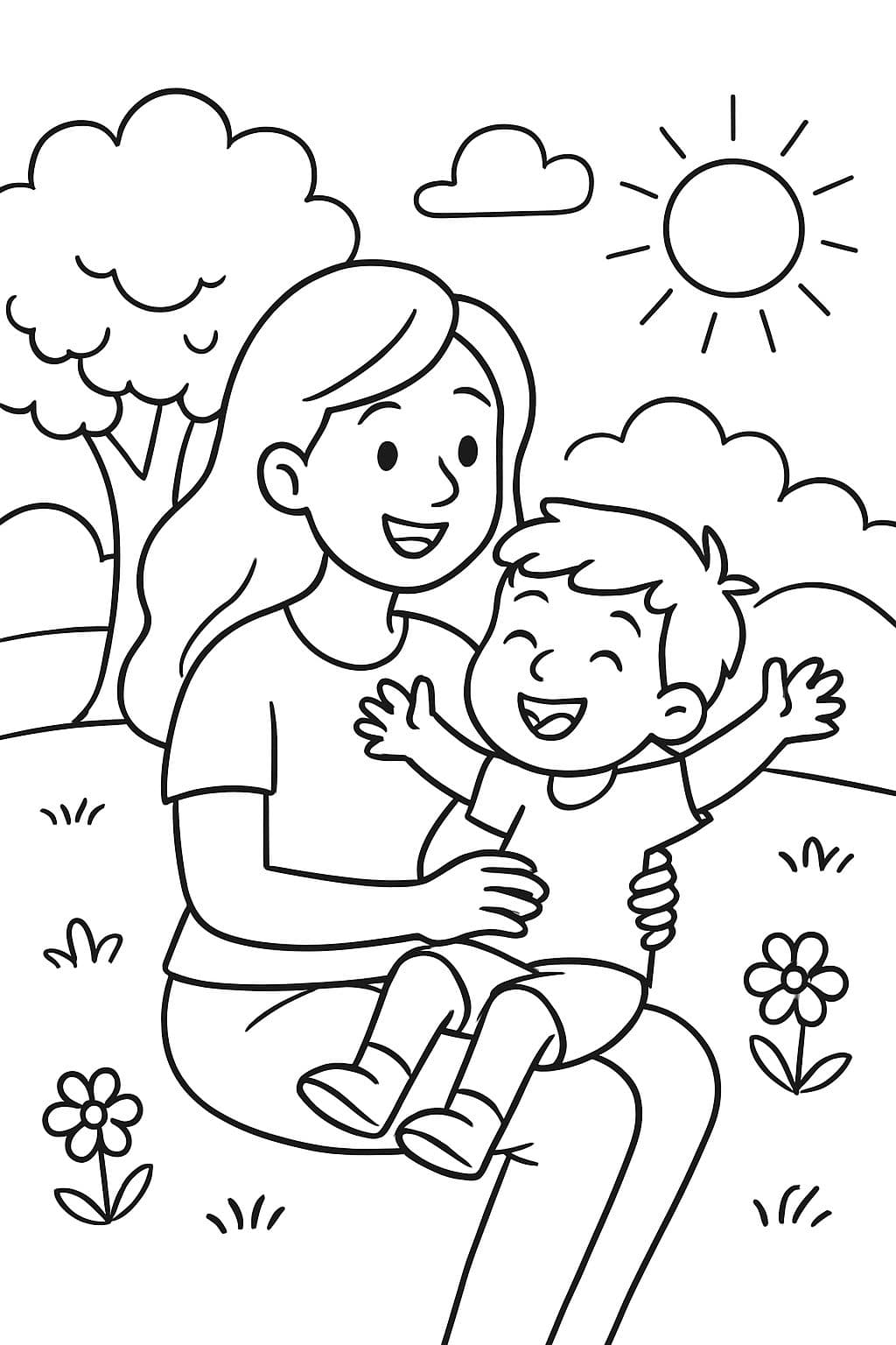 eine Mama, die mit ihrem kleinen Sohn in einem Park sitzt