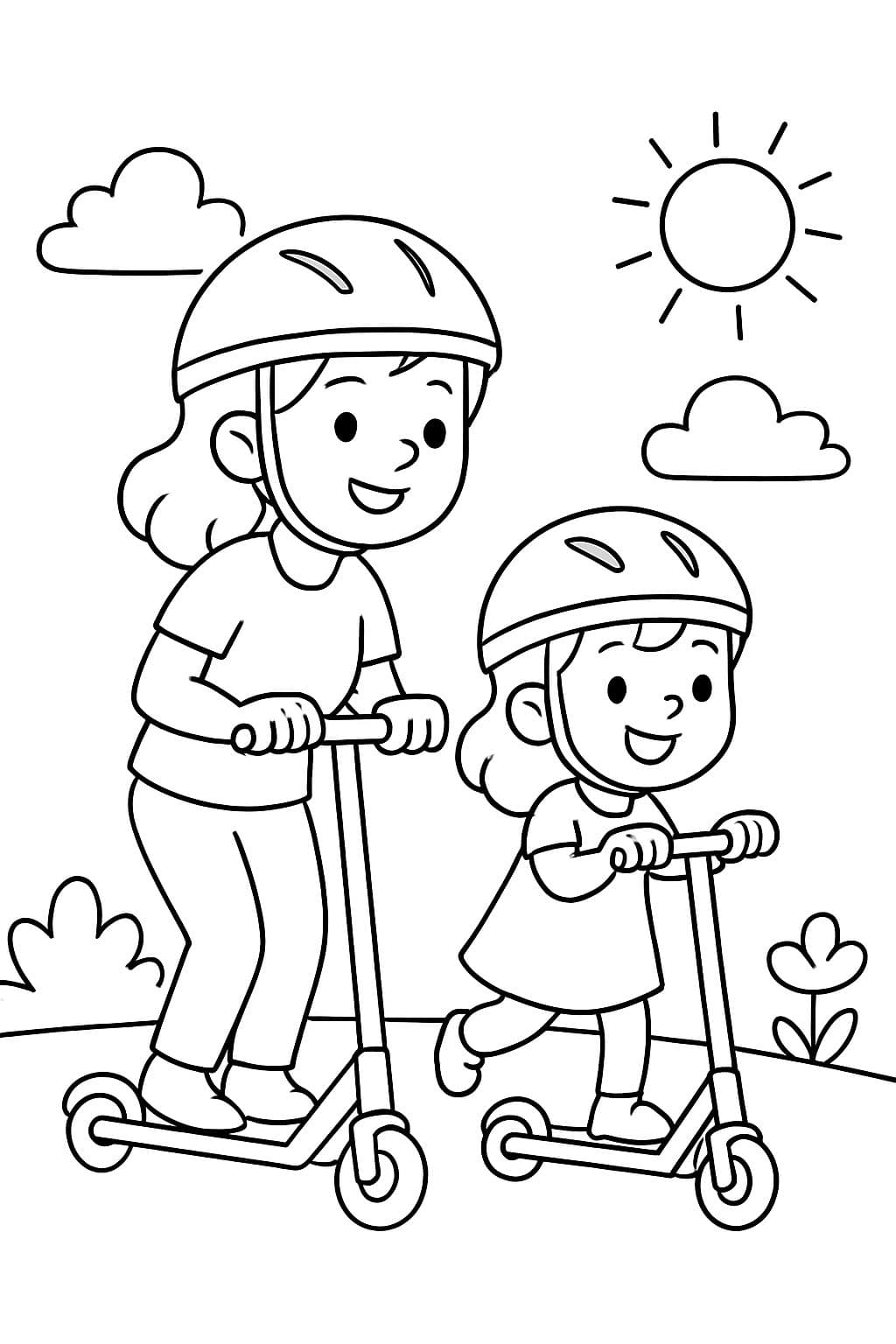Mamá e hija montando en scooters mientras llevan cascos