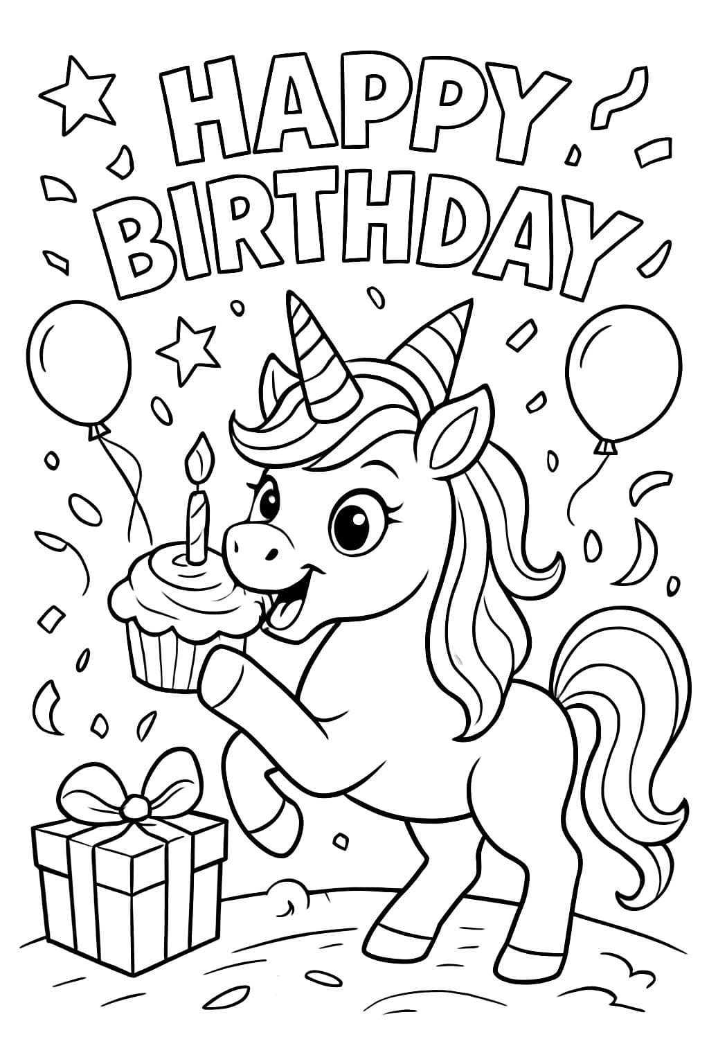 Un unicorn d'anniversaire en train de manger un cupcake avec les mots 'joyeux anniversaire'.